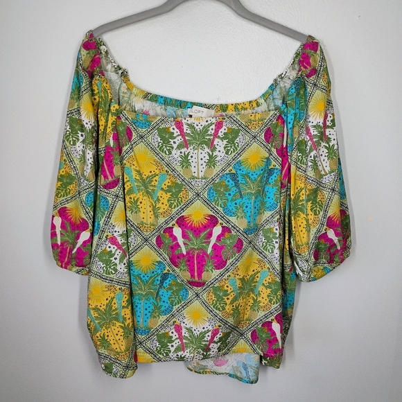 LOFT Palm Bubble Sleeve Square Neck Blouse Womens XL Multicolor Tropical Travel - Picture 2 of 11